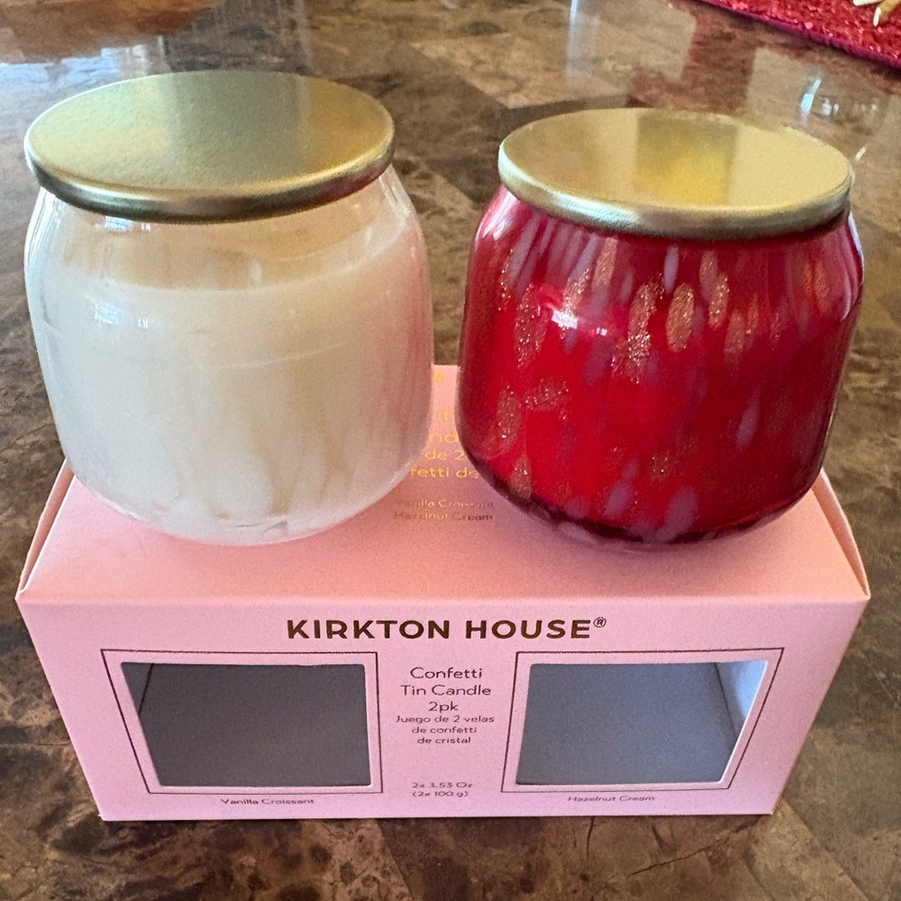 Kirkton House NWT Confetti Tin Candle Set of 2. Red/ Hazelnut & White/ Vanilla